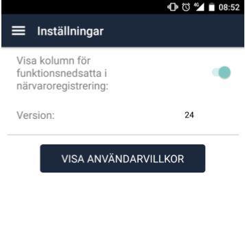 18 Inställningar Under sidan Inställningar kan man se vilken version av appen man har, visa