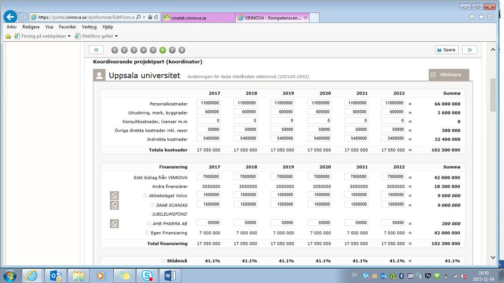 2 (12) Budget med en akademipart Här läggs de budgeterade kostnaderna (in-kind) in för koordinatorn och budgeterade kostnader motsvarande eventuella kontanta insatserna från företagen.