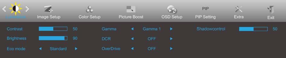 OSD Setting (Bildskärmsinställning) Grundläggande och enkel instruktion om kontrollknapparna. 1. Tryck på MENU (MENY)-knappen för att aktivera OSD-fönstret. 2.