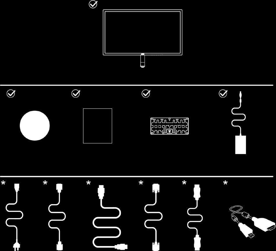 Installation Förpackningens innehåll Bildskärm CD-bruksanvining Garantikort Fot adapter Elkabel Analog kabel HDMI kabel Dubbellänk-DVI DP kabel MHL kabel Inte alla signalkablar