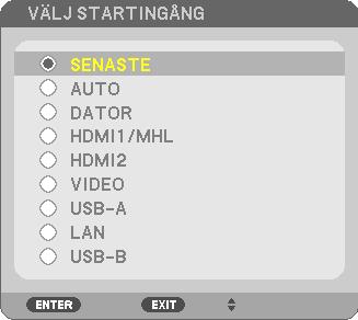 Ingångskällan ändras enligt följande: DATOR HDMI 1/MHL HDMI2 VIDEO USB-A LAN USB-B... När skärmen KÄLLA visas kan du trycka på SOURCE-tangenten några gånger för att välja ingångskälla.