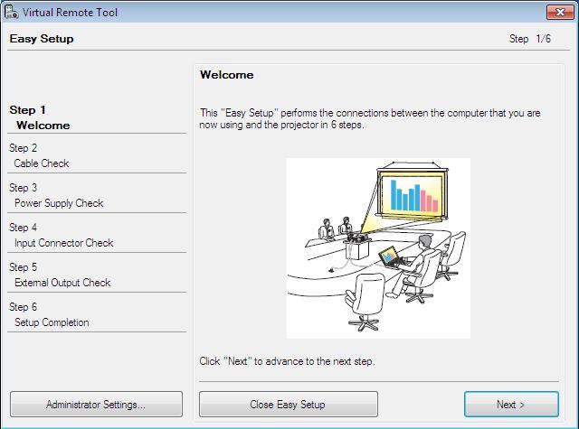 Remote Tool]. Ett Easy Setup -fönster visas när Virtual Remote Tool startas första gången.