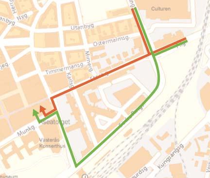Figur 2. Färdvägar till Punkt österifrån. Grön pil visar vägen via Södra Ringvägen, röd pil visar den i framtiden öppna vägen via Stora Gatan.