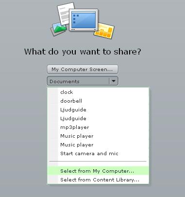 Välj Share, Documents och Select from My Computer alternativt under What do