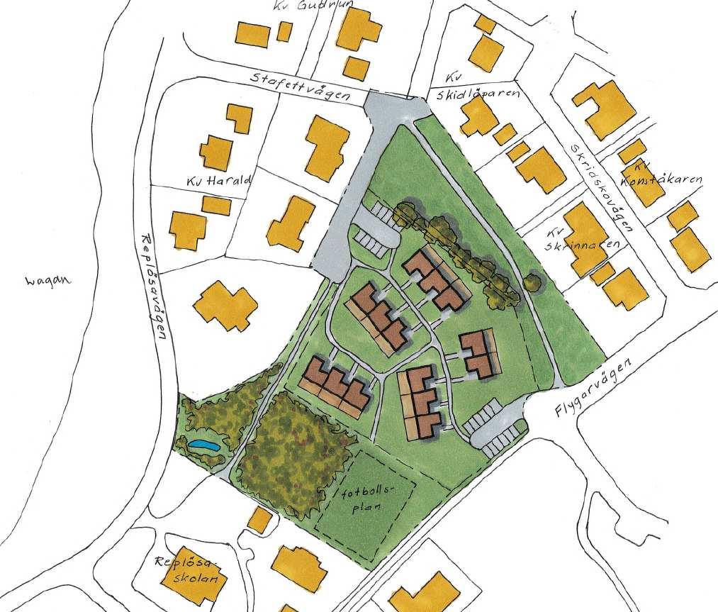 9(14) Illustration över hur planområdet kan bebyggas. Detta är ett förslag som visar ungefärligt antal lägenheter som kan rymmas inom området samt en möjlig utformning och disposition av byggnaderna.