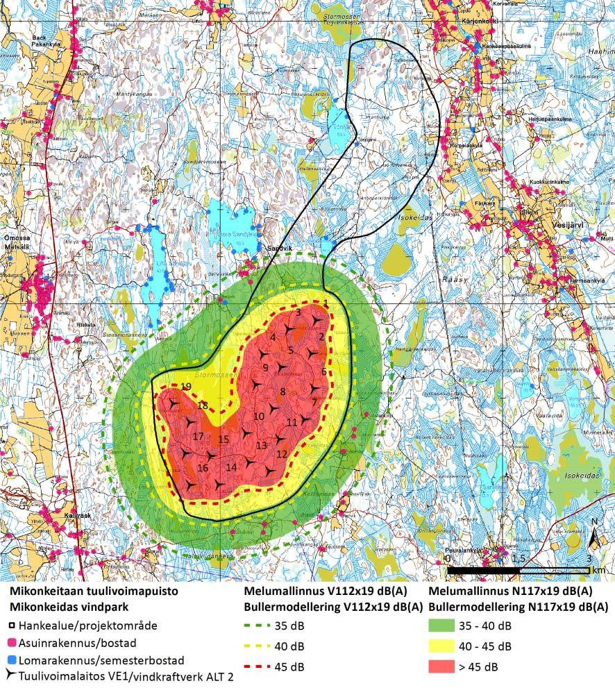 FCG DESIGN OCH PLANERING AB Mikonkeidas vindkraftspark 58 Bild 9.2. Resultaten av bullermodellen för alternativ 1, dvs. den mindre vindkraftsparken (19 kraftverk).