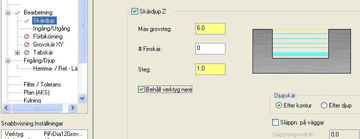 Konturbearbetning 9 Aktivera Skärdjup. Max grovsteg: brukar normalt sättas som halva verktygsdiametern, dvs i vårt fall 6 mm.