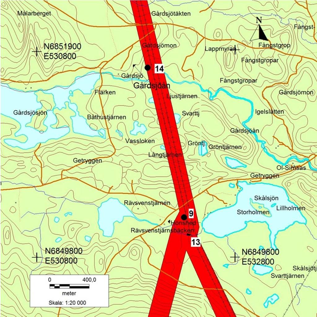 Objekt 9, 14 är kolbottnar efter liggmilor och objekt 13 är en