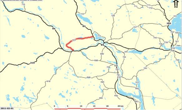 Källa: Trafikverket, Info om vägar Information om referenslänk: 1000:104163 Företeelse Värden Vägnummer: (21)723 Roll: Värdväg: Längd: Europaväg: - Normal Ja 15020 m Hastighet: 50 km/h (5823 m) 70