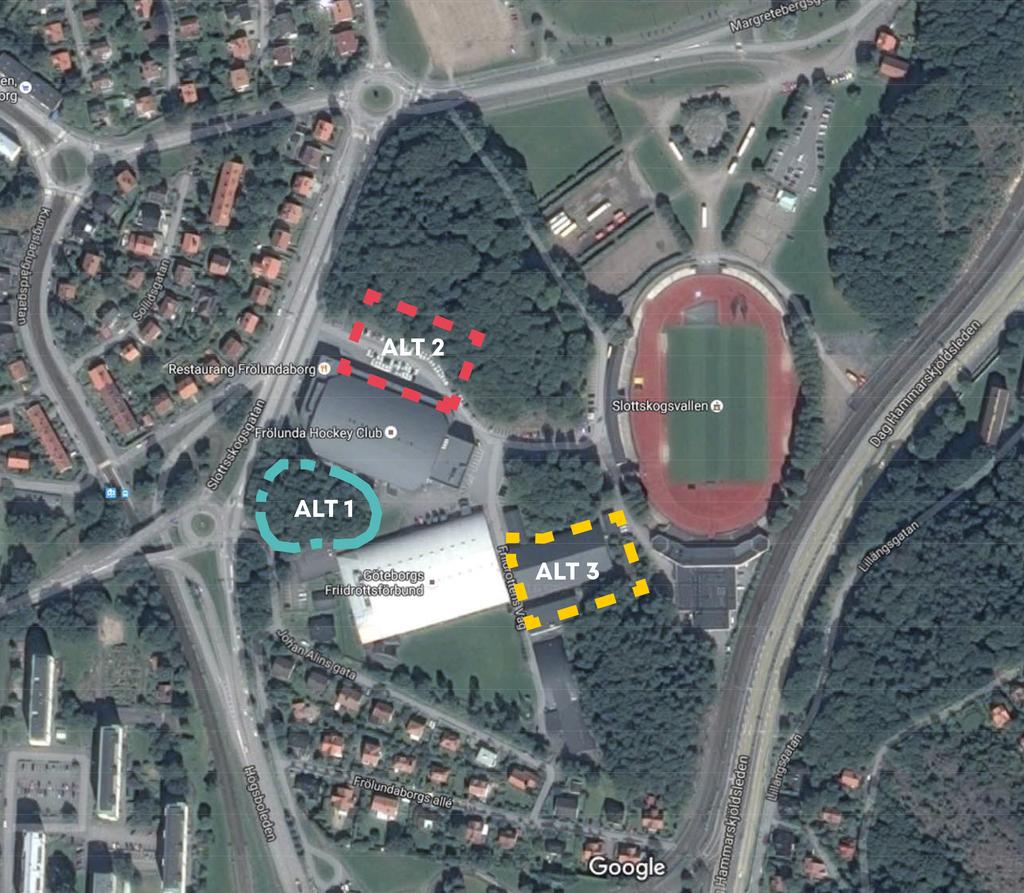 Förstudie Nya ishallar Frölundaborg Alternativa placeringar av ishallarna Sammanfattning Förstudien har utrett tre alternativa placeringar av de nya ishallarna.