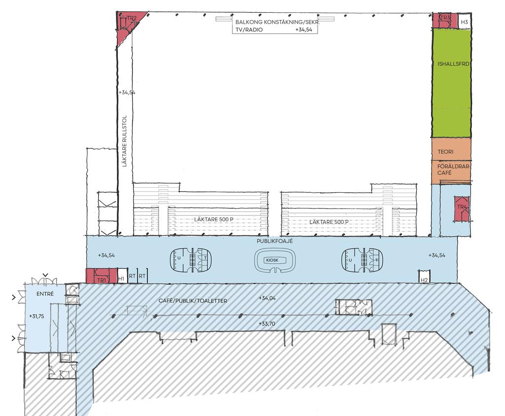 Förstudie Nya ishallar Frölundaborg Alternativ 2, plan 2-1000 åskådare I mötet mellan Frölundaborg och de nya ishallarna skapas en gemensam flexibel yta på ungefär 700 kvm.