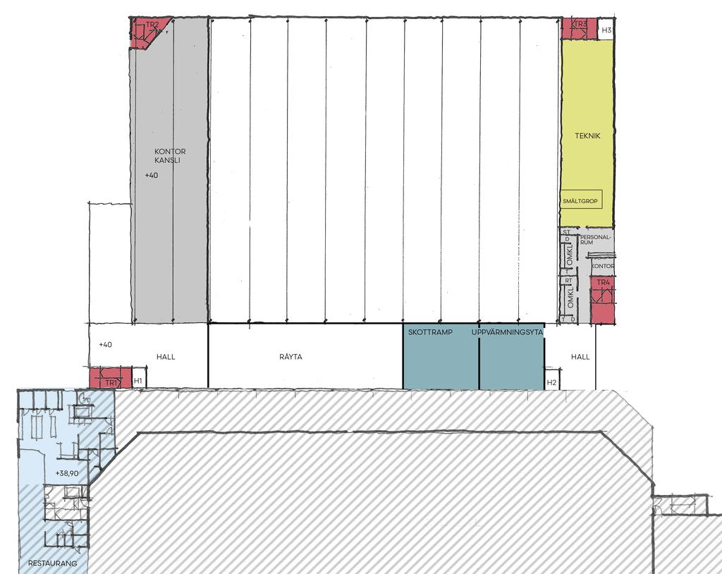 Förstudie Nya ishallar Frölundaborg Alternativ 2, plan 3 Plan 3 består till stor del av stålbalkar som bär C-hallen på plan 4.