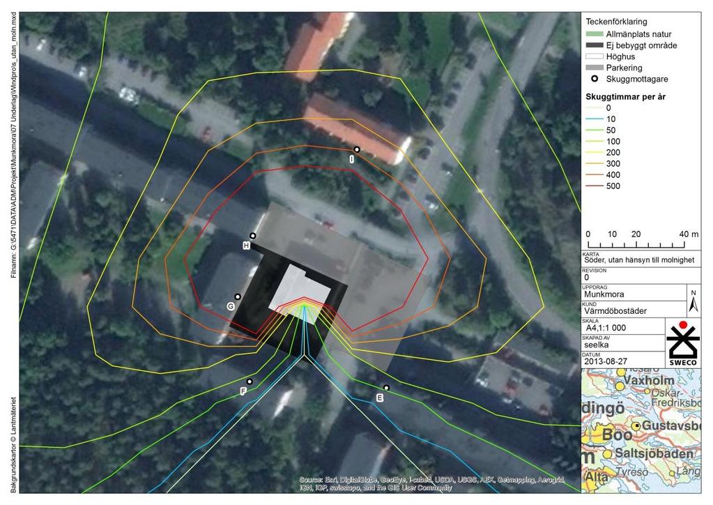 memo01.docx 2012-03-28 Beräkning för den södra byggnaden Figur 5 visar skuggutbredningen om solen skiner från uppgång till nergång, utan moln. Figur 5. Beräkning 2, antal skuggtimmar per år, värsta fall.