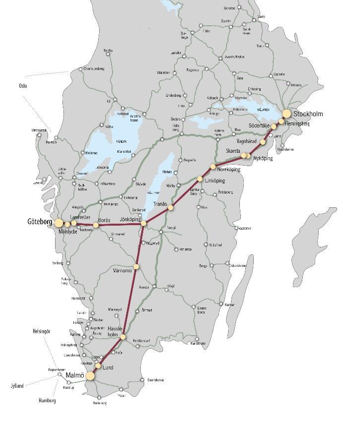 10. Nya stambanor I regeringens direktiv framgår att målet är att nya stambanor för höghastighetståg ska färdigställas så att Stockholm och Göteborg respektive Malmö bättre knyts samman.