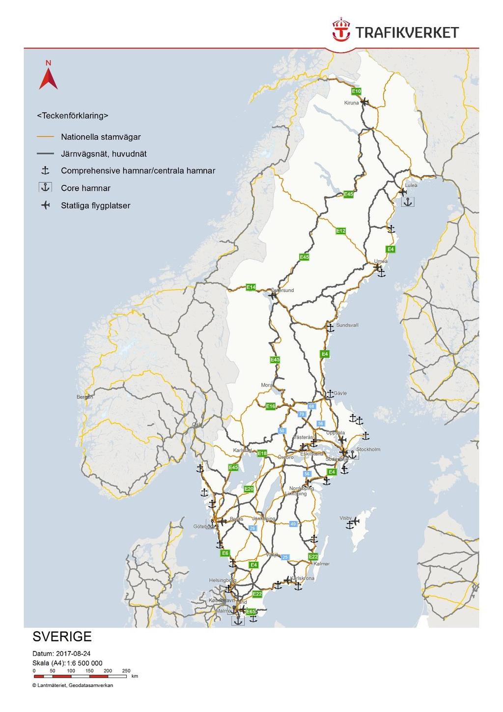 Figur 9: Nationell infrastruktur för väg, järnväg, luft- och sjöfart Planen omfattar vidare vidmakthållande och utveckling av det statliga järnvägsnätet, som