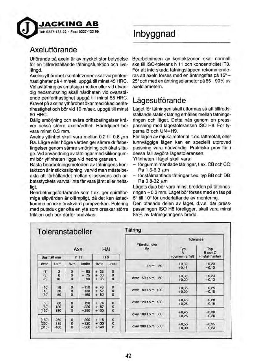 JACKING AB Tel: 0227-133 22 Fax: 0227-133 99 Inbyggnad Axelutförande Utförande på axeln är av mycket stor betydelse för en tillfredställande tätningsfunktion och livslängd.