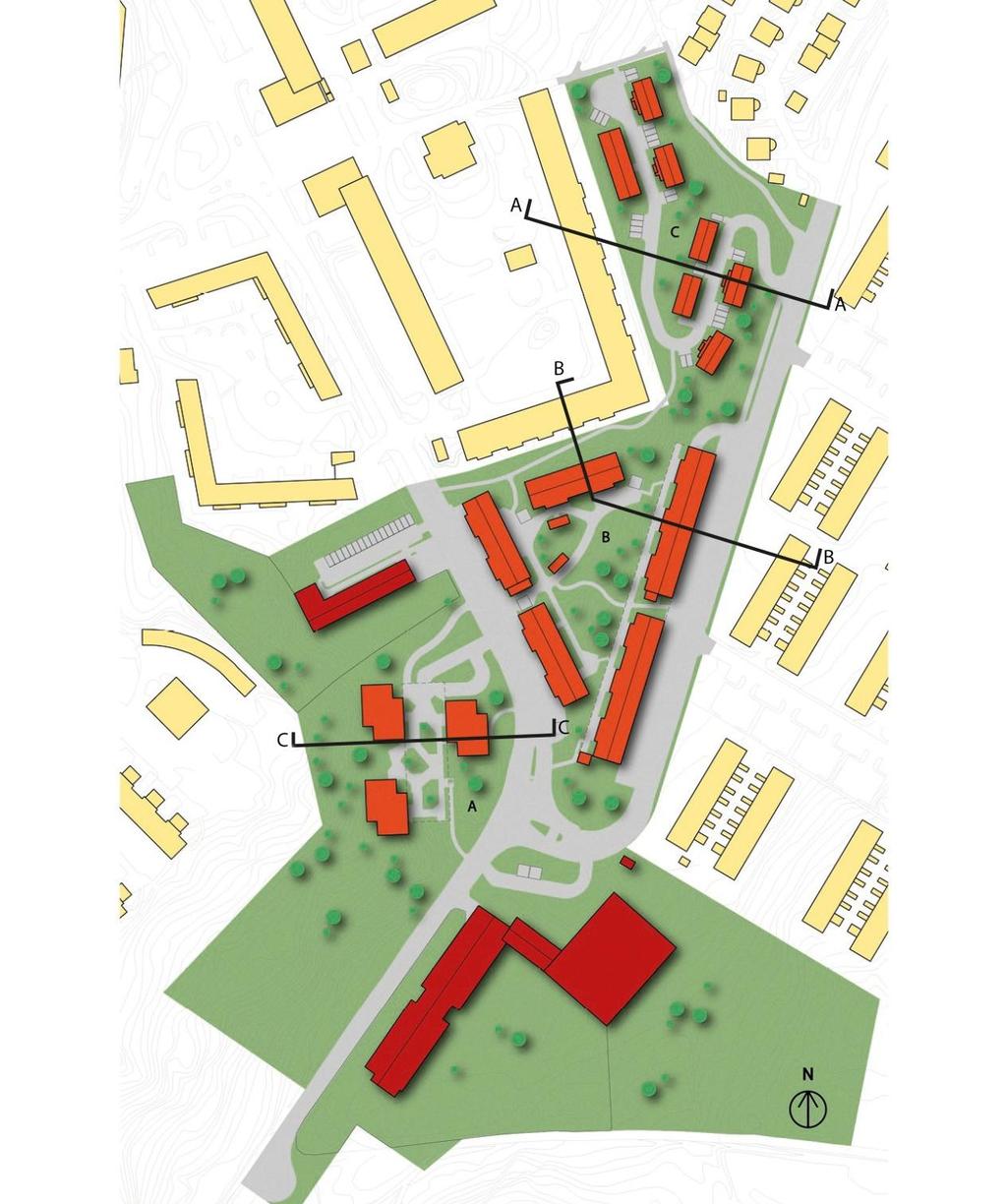 Föreslagen bebyggelse Den tillkommande bostadsbebyggelsen kan delas in i tre olika områden; A, B och C.