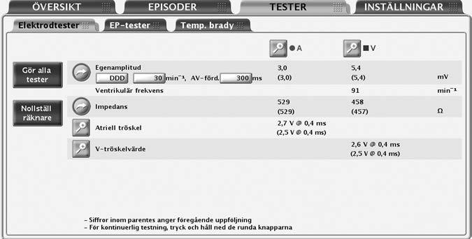 3-10 Systemdiagnostik Elektrodtester Pulsgeneratorn är i MRT-skyddsmod En magnet placeras på pulsgeneratorn (när Magnetfunktion är inställd på Asynkron Stim) Det finns även en närmare beskrivning av