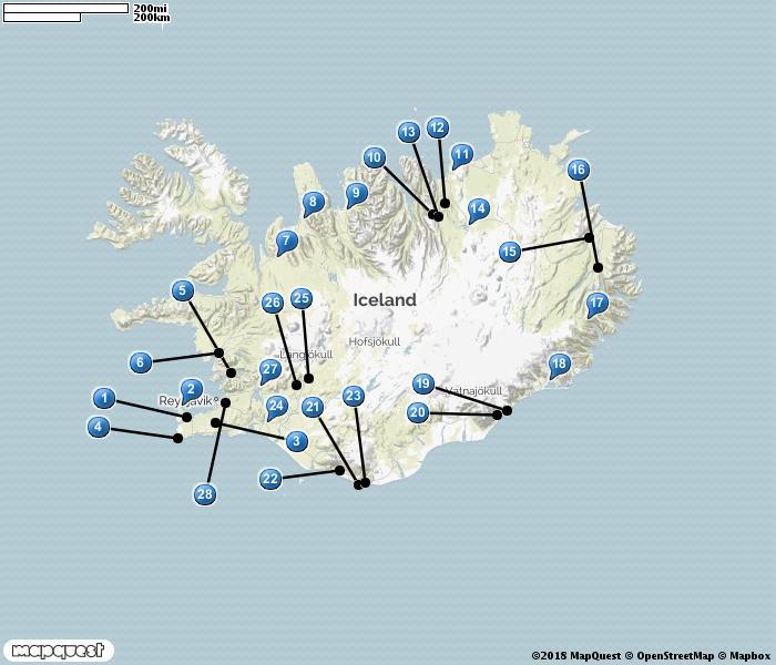 ISLAND 1. Keflavik 2. Gardur 3. Kleifarvatn 4. Reykjanesta 5. Hvalfjördur 6. Borgarnes 7. Gauksmyri 8. Blönduós 9. Heradsvatn östra utlopp 10. Ljosavatn 11. Húsavík 12. Vestmannsvatn 13. Godafoss 14.