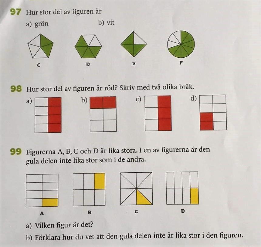 är desamma, rektanglar och kvadrater. Uppgift 98 och 99 visar även generalisering då delarna hålls konstanta (4/8 och 2/6). Figur 9: Carlsson, Falck, Liljegren & Picetti (2013) 6B s.