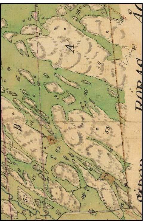 Figur 6. Utsnitt ur karta upprättad vid laga skifte, Önneröd, Björlanda socken, år 1835. Skala ca 1:3 300.