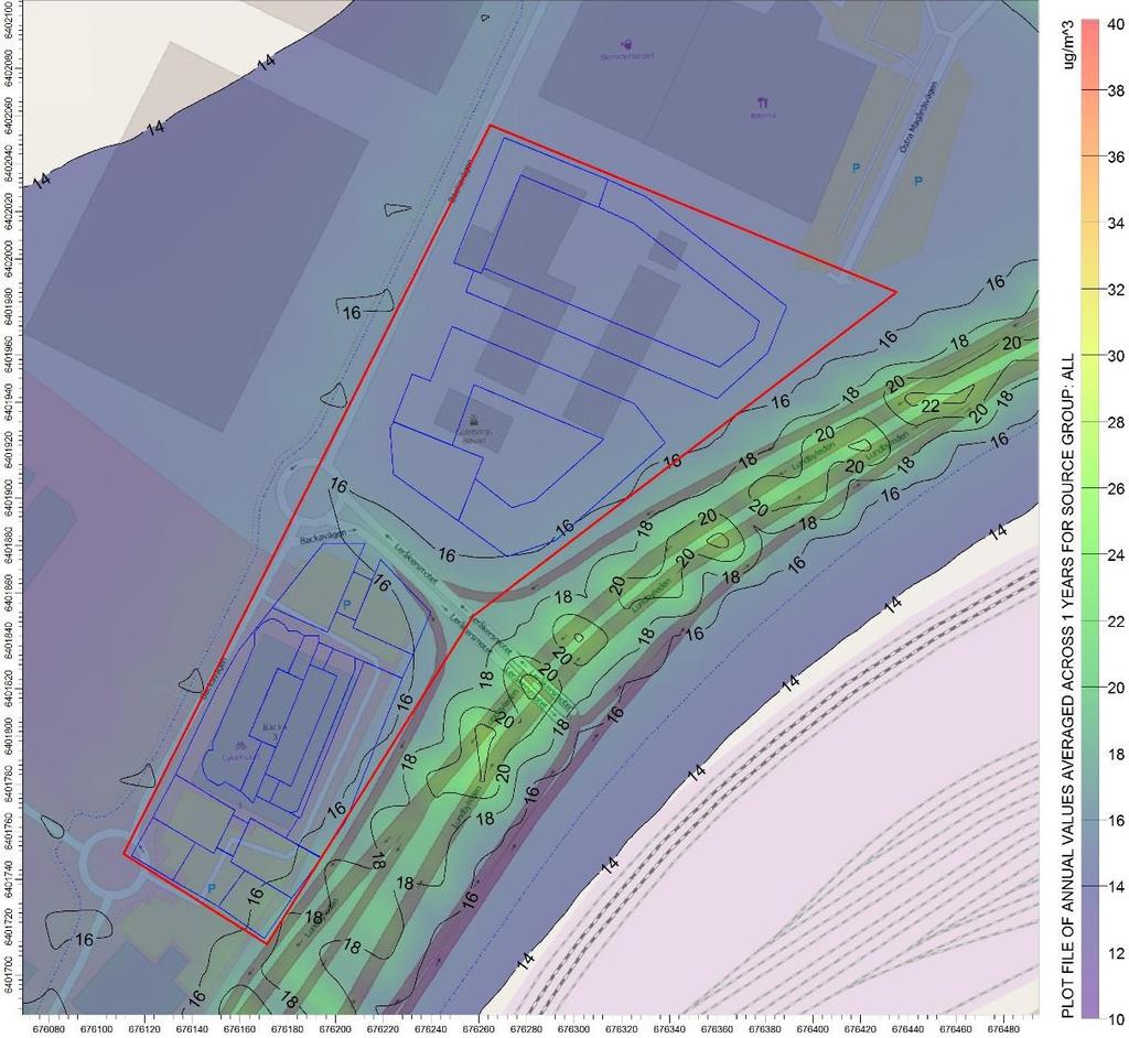 Figur 6. Framtida scenario 2035, beräknade halter av kvävedioxid som årsmedelvärden. Planområdet markeras med röd linje.