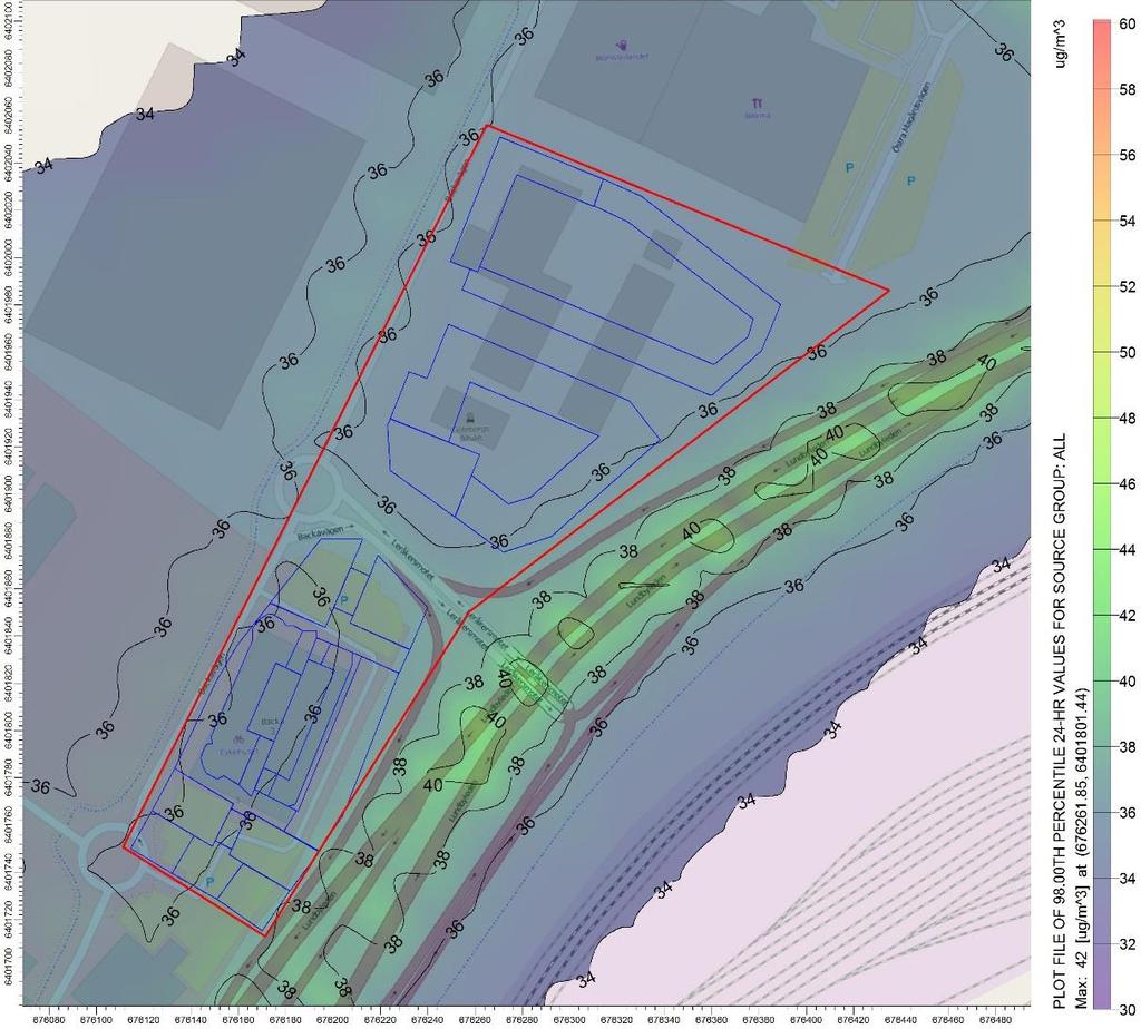 Figur 9. Framtida scenario 2035, beräknade halter av kvävedioxid som dygnsmedelvärden (98 percentil). Planområdet markeras med röd linje.