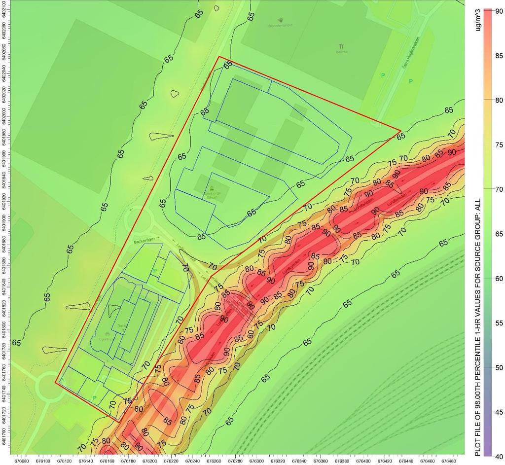Figur 11. Framtida scenario 2020, beräknade halter av kvävedioxid som timmedelvärden (98 percentil). Planområdet markeras med röd linje.