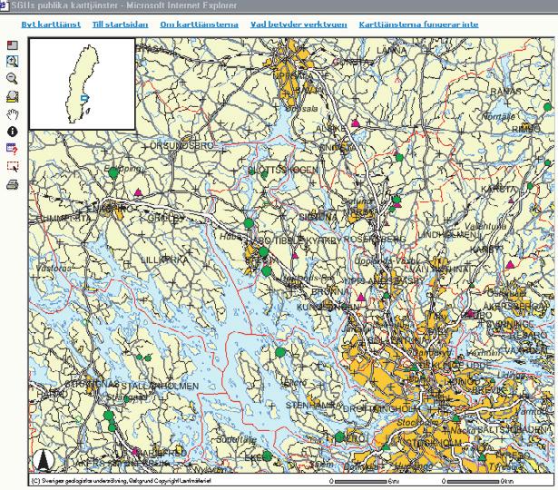 Exempel från SGUs karttjänst på Internet. Ballastproduktion och täktverksamhet i Stockholmstrakten och runt Mälaren. Example from SGUs Map Service on Internet.