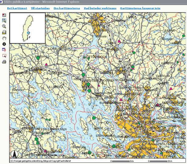 Exempel från SGUs karttjänst på Internet. Ballastproduktion och täktverksamhet i Stockholmstrakten och runt Mälaren. Example from SGUs Map Service on Internet.