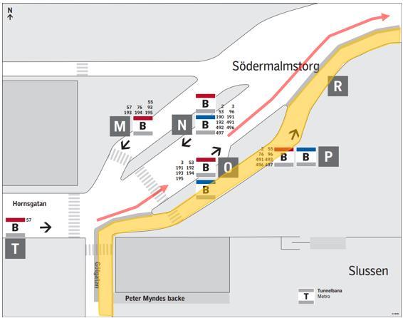 Terminalkarta Slussen Cyklisterna kommer från Götgatsbacken enligt det gulmarkerade området.