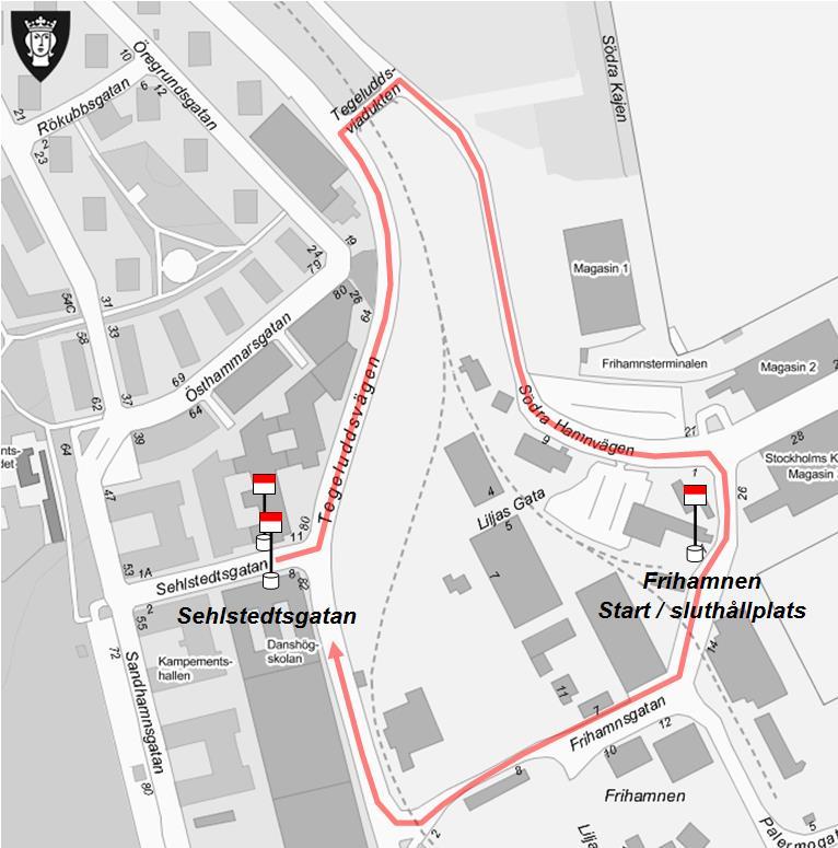 Karta linje 1 Cyklisterna kommer från Lindarängsvägen och svänger vänster in på Tegeluddsvägen för att sedan svänga höger in på Frihamnsgatan.