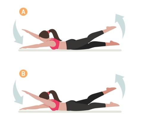 Fällkniven: Ligg på rygg med armarna utsträckta över huvudet. Vik upp överkropp och ben. Håll tag i benen i 1 sekund.