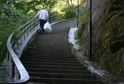 klippbrant. Från Kungsholms strand går en lång trappa upp genom branten. Vid trappans nedre del finns en terrass med sittplatser och uppe vid Svarvargatan finns ytterligare tre terrasser.