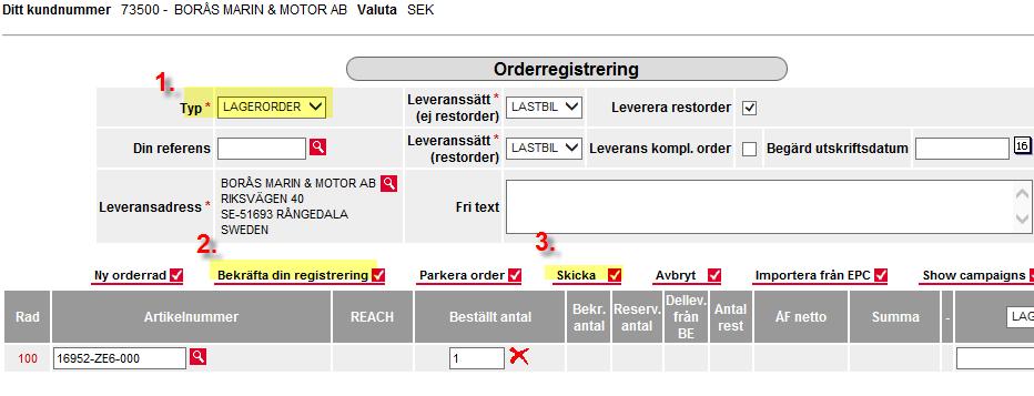 Välj reservdel för att beställa-fortsättning Efter att man klickat på order enligt föregående sida så kommer man vidare till Ordersystemet e-dol 1.