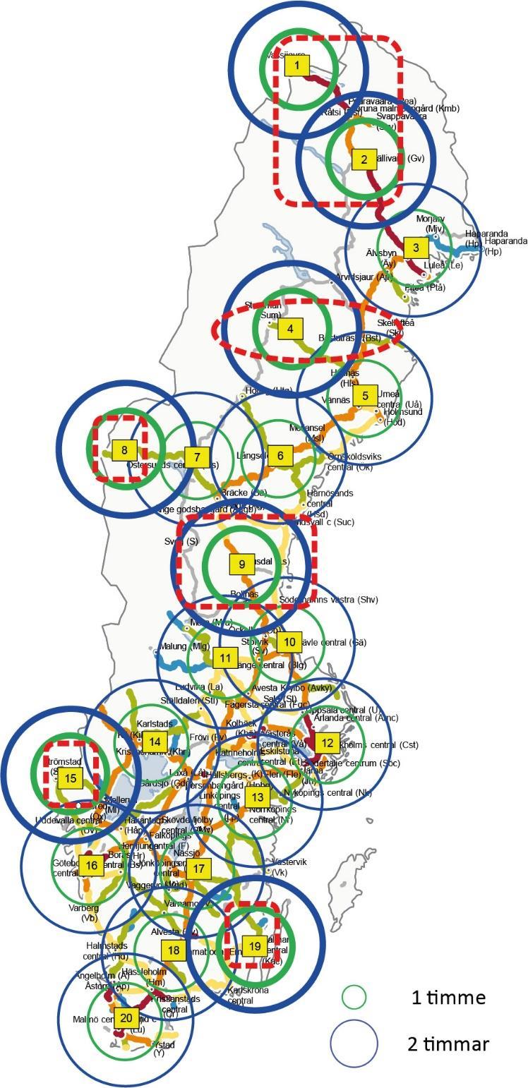 5.2.1.2. Beredskapsalternativ 2 heltäckande, men orimlig ur ett samhällsekonomiskt perspektiv Det andra beredskapsalternativet innebär att Trafikverket förfogar över 20 hjälplok som placeras på 20