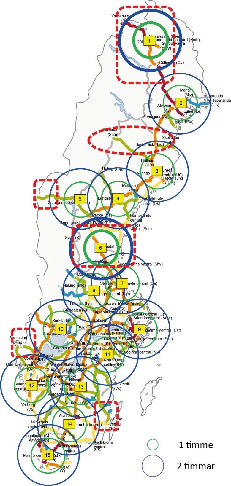 1 Kiruna 9 Stockholm 2 Boden 10 Karlstad 3 Vännäs 11 Norrköping 4 Långsele 12 Göteborg 5 Östersund 13 Nässjö 6