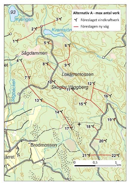 Det ger 22 st 2 MW verk med max höjd 172 meter eller 16 st 3 MW verk med max höjd 186 meter. Båda alternativen genererar ungefär samma energimängd, en årlig elproduktion av 125 GWh.