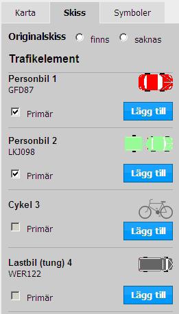 3. När alla symboler är utlagda återgår man till Skiss-fliken. Till vänster finns en lista på de trafikelement som angetts i Olycksbeskrivningen.