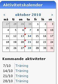Kalender Denna sidmall visar klubbens aktiviteter i olika vyer. I kalendern kan både egna aktiviteter och aktiviteter från Svensk Idrott visas.