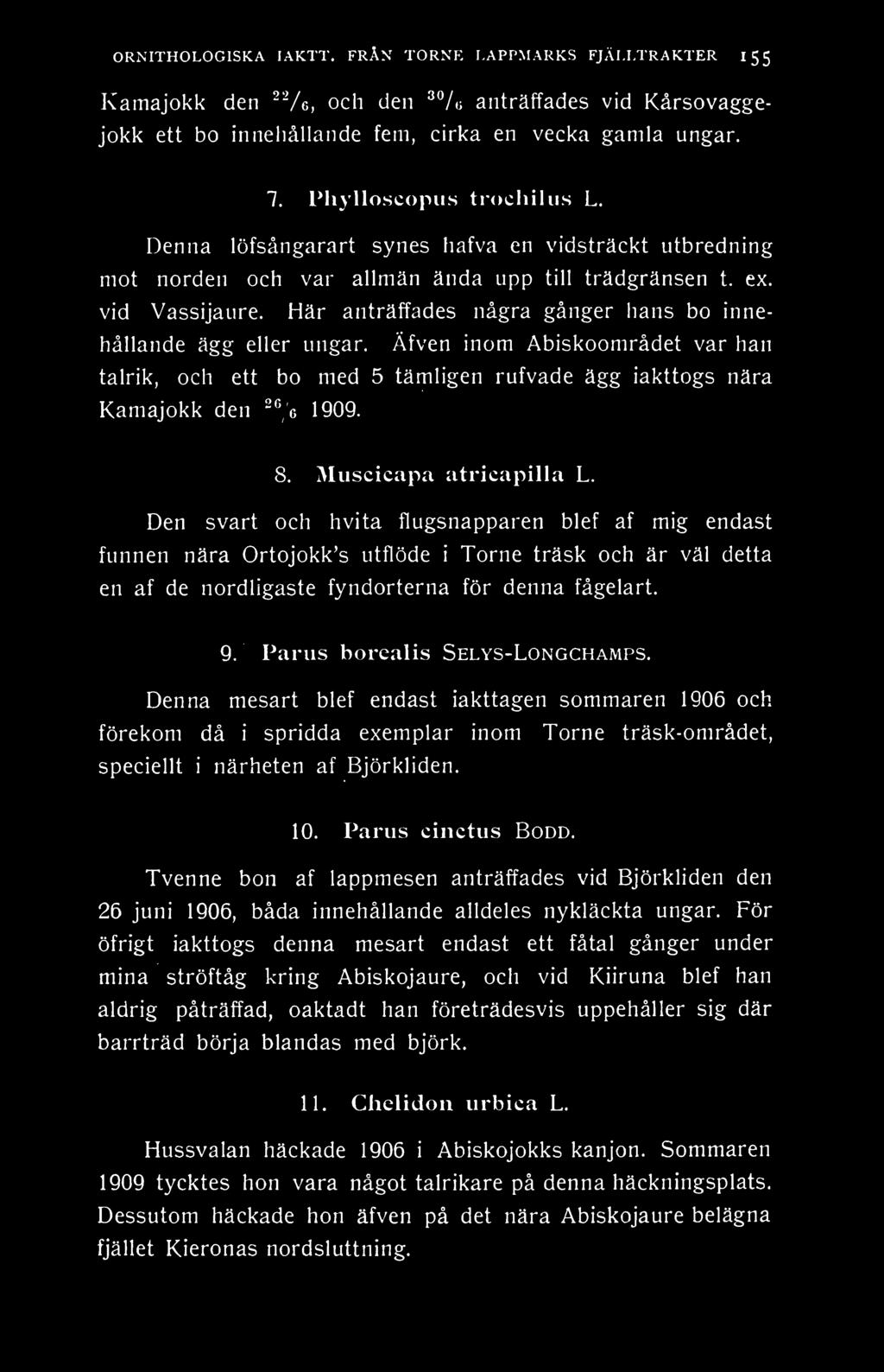 Här anträffades några gånger hans bo innehållande ägg eller ungar. Äfven inom Abiskoområdet var han talrik, och ett bo med 5 tämligen rufvade ägg iakttogs nära Kamajokk den -'g 1909. 8.