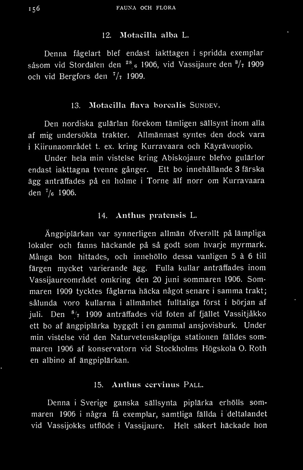 kring Kurravaara och Käyrävuopio. Under hela min vistelse kring Abiskojaure blefvo gulärlor endast iakttagna tvenne gånger. Ett bo innehållande 3 färska?