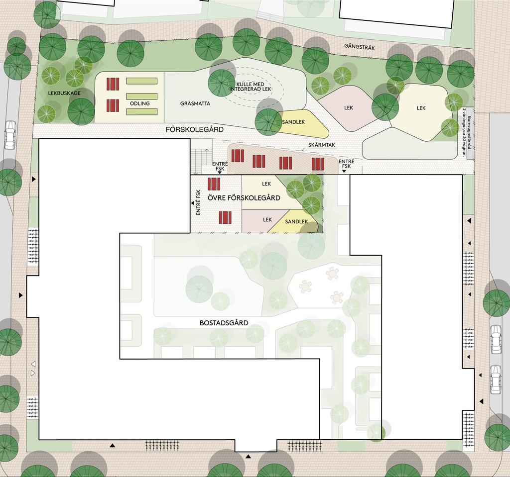 Förskola 1 Förskolans gård är vänd mot gångstråket som sträcker sig från Förrådsvägen i väst, genom torget och parken, till Centralvägen i öst.