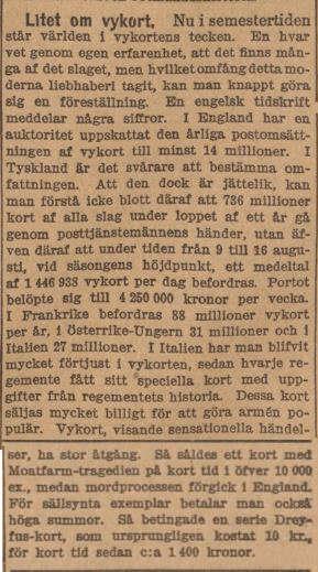 1 446 938 vykort per dag i augusti! I semestertider, som på kontinenten då som nu var i augusti, beskärmar sig Svenska Dagbladet över vykortsstatistiken under vykortsraseriets gyllene år!