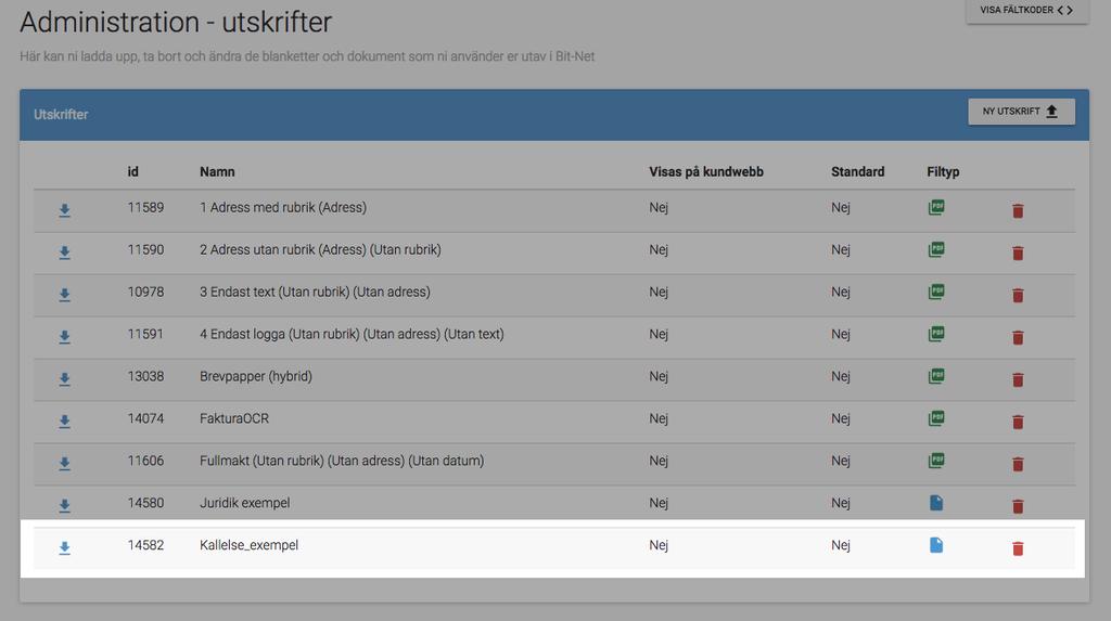 Går uppladdningen bra kommer du tillbaka till listan där filen nu finns i listan med en blå ikon i kolumnen Filtyp.