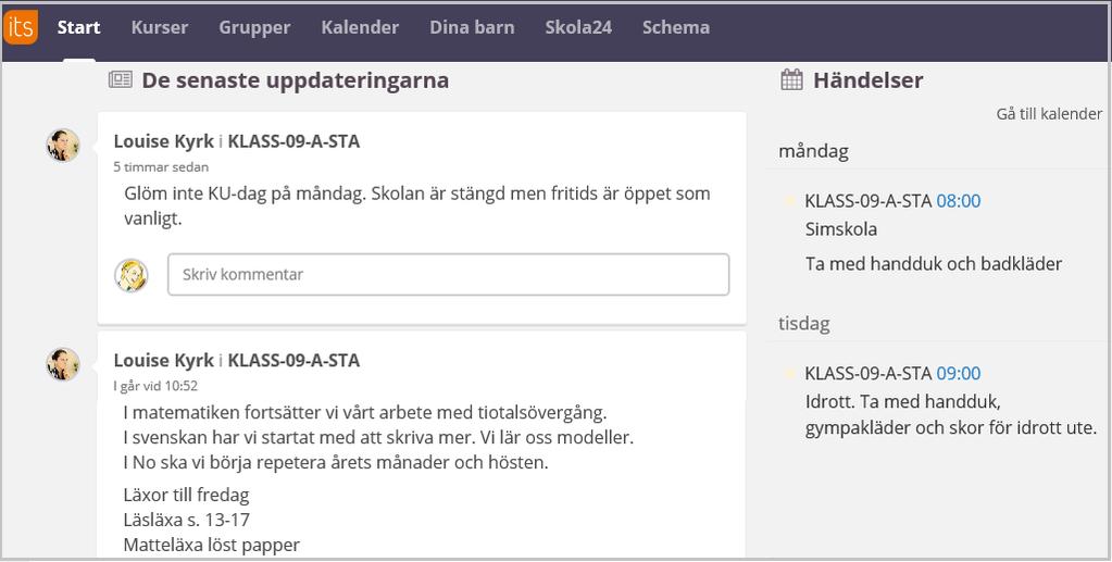 Start Ger dig en samlad bild över aktiviteter i de kurser du är deltagare i. De senaste uppdateringarna; visar anslag med information från skolan.