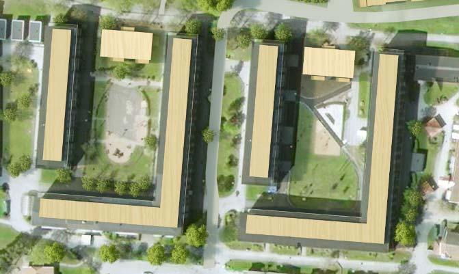 12 (43) Gårdshusen avses uppföras i tre till fyra våningar. De ska ej överskrida befintlig höjd i de södra kvarteren.