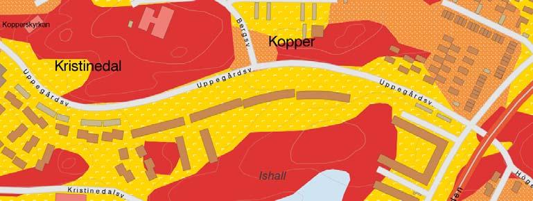24 (43) SGUs (Statens geologiska undersökning) jordartskarta visar på berg centralt i området med ett mindre inslag av morän (ljusgrått). De bebyggda delarna består av glacial finlera.