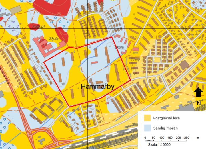 Figur 8. Jordartskarta över området. Aktuellt område är markerat med röd linje. (SGU 2017a) 3.