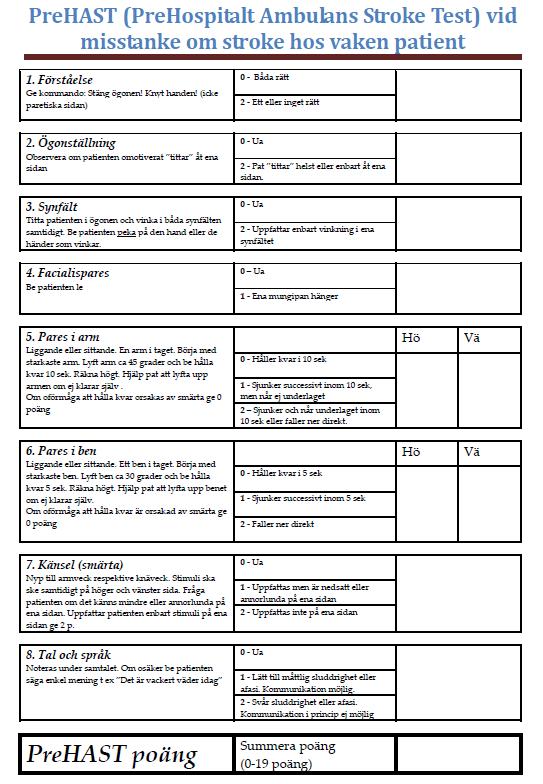 NIHSS score Hög sensitivitet för stroke och värderar svårighetsgrad Consultant s diagnosis Test result Stroke or TIA Nonstroke PreHAST result Positive 26 26